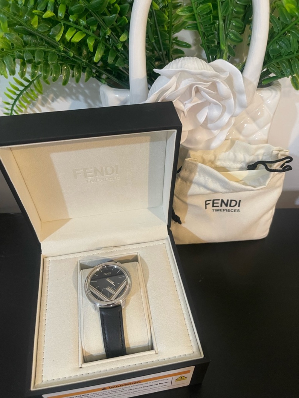 NWT Fendi Runway Black Dial Silver Case Watch with Black Leather Strap